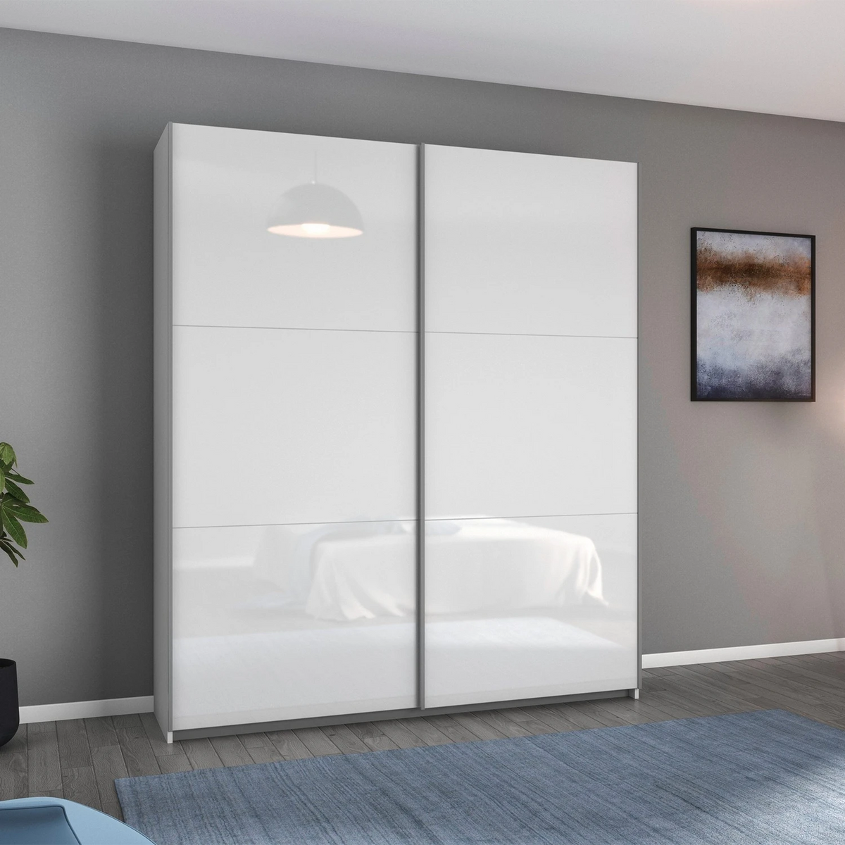 A modern two-door Width 175cm Rauch Aurelia wardrobe with high-gloss white sliding doors, shown in a staged bedroom setting with gray walls, a blue rug, and a wall-mounted abstract painting.