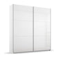 A modern white sliding door wardrobe with a glossy finish, featuring two doors with integrated light strips at the top and a slim silver metal base.