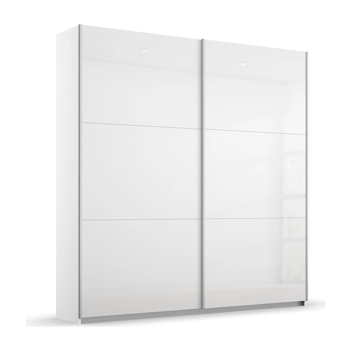 A modern white sliding door wardrobe with a glossy finish, featuring two doors with integrated light strips at the top and a slim silver metal base.