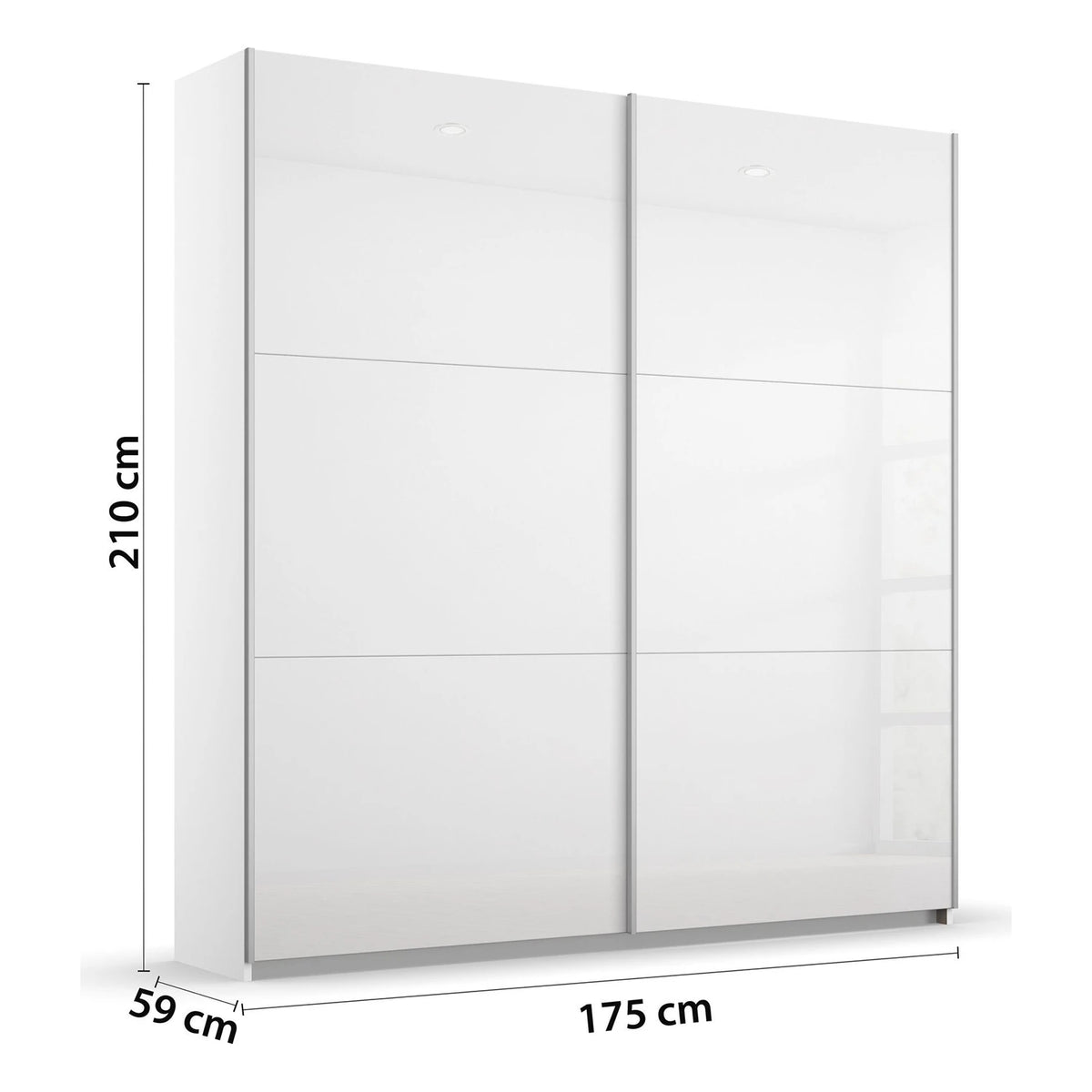 Rauch Aurelia High Gloss White sliding wardrobe with dimension markings showing 210 cm height, 175 cm width, and 59 cm depth on a light gray background.