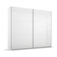 A modern white sliding door wardrobe or closet cabinet with two large gloss-front doors and a glossy finish, shown on a clean white background.