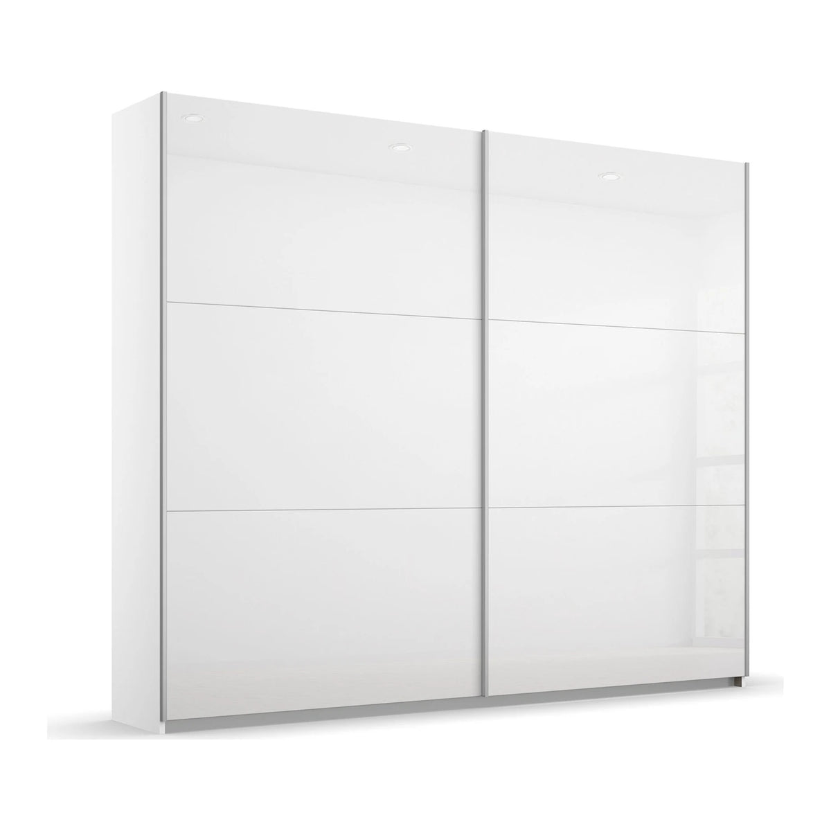 A modern white sliding door wardrobe or closet cabinet with two large gloss-front doors and a glossy finish, shown on a clean white background.