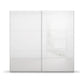 A modern two-door Width 218cm Rauch Aurelia wardrobe with high-gloss white sliding doors, shown in a staged bedroom setting with gray walls, a blue rug, and a wall-mounted abstract painting.