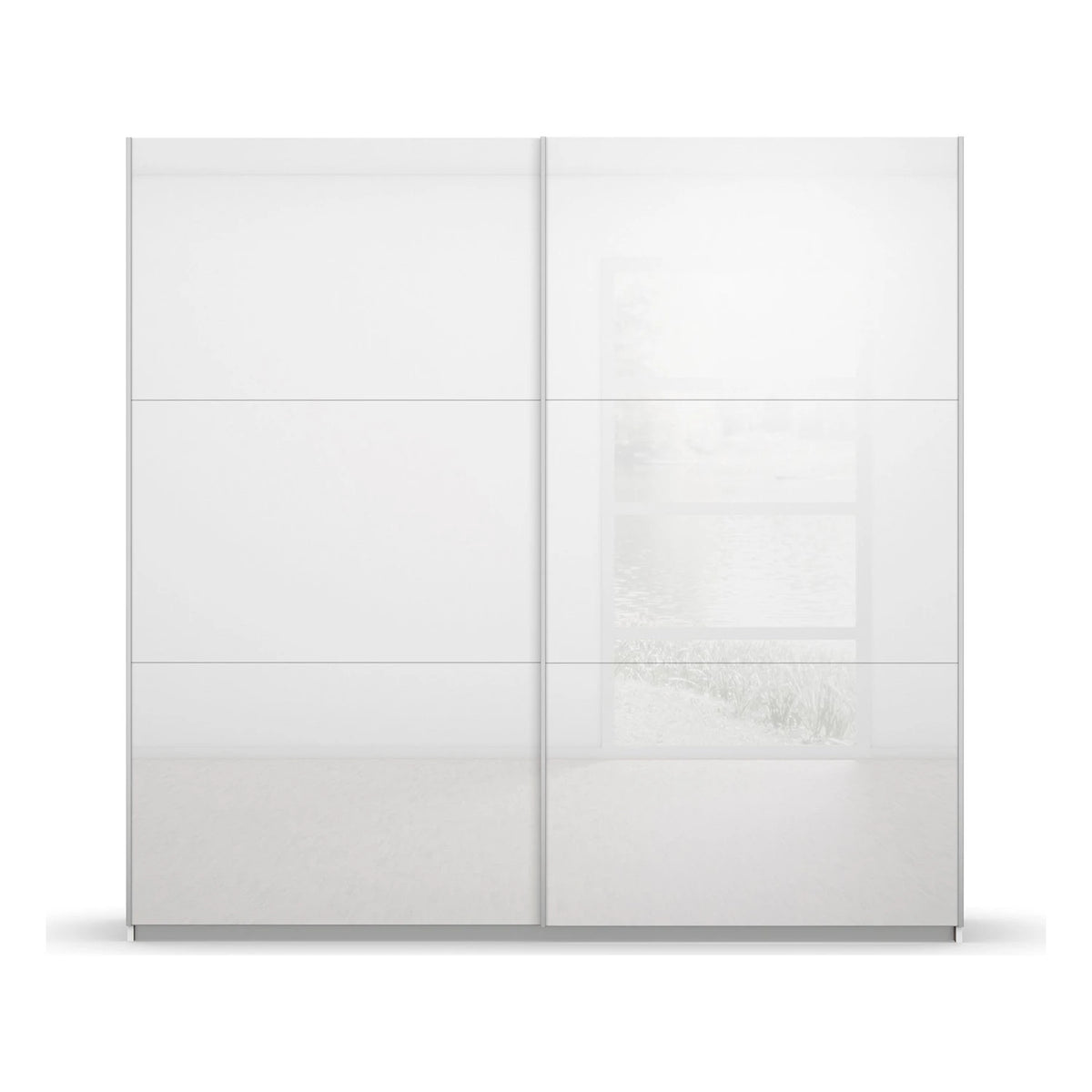 A modern two-door Width 218cm Rauch Aurelia wardrobe with high-gloss white sliding doors, shown in a staged bedroom setting with gray walls, a blue rug, and a wall-mounted abstract painting.