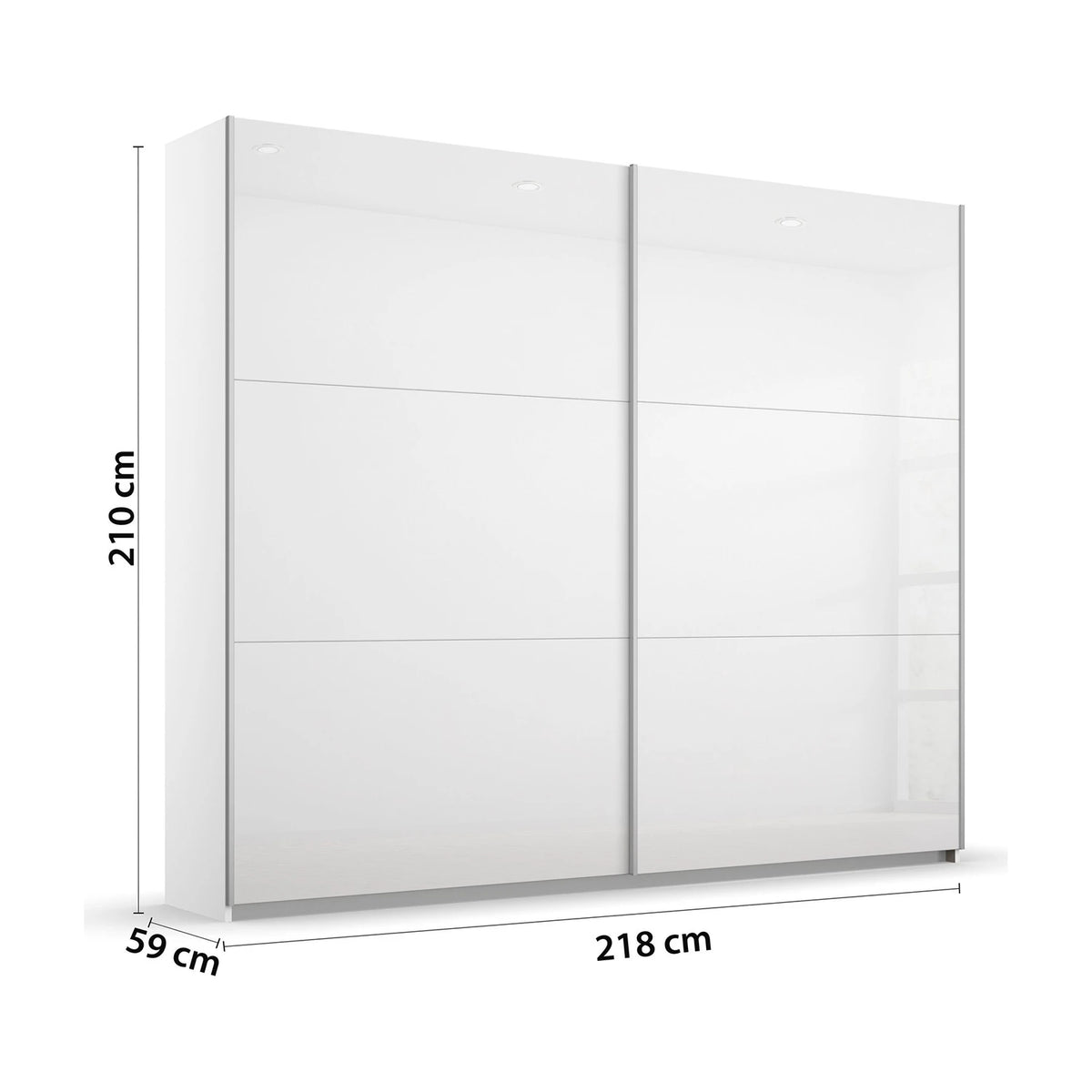 Rauch Aurelia White High Gloss sliding wardrobe with dimension annotations showing 210 cm height, 218 cm width, and 59 cm depth on a white background.
