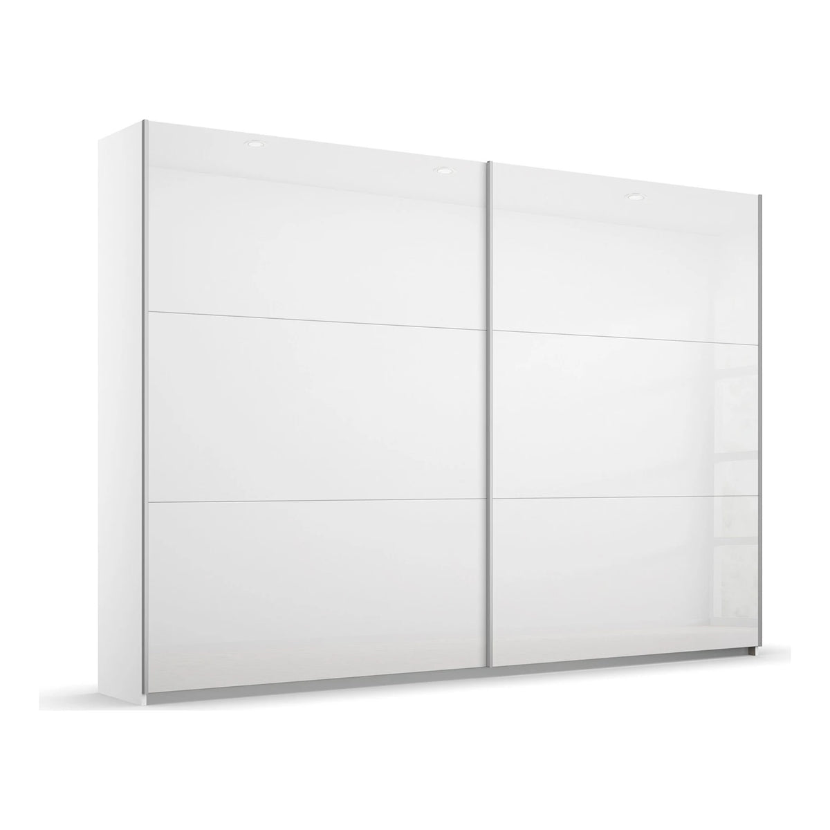 A modern two-door Width 261cm Rauch Aurelia wardrobe with high-gloss white sliding doors, shown in a staged bedroom setting with gray walls, a blue rug, and a wall-mounted abstract painting.