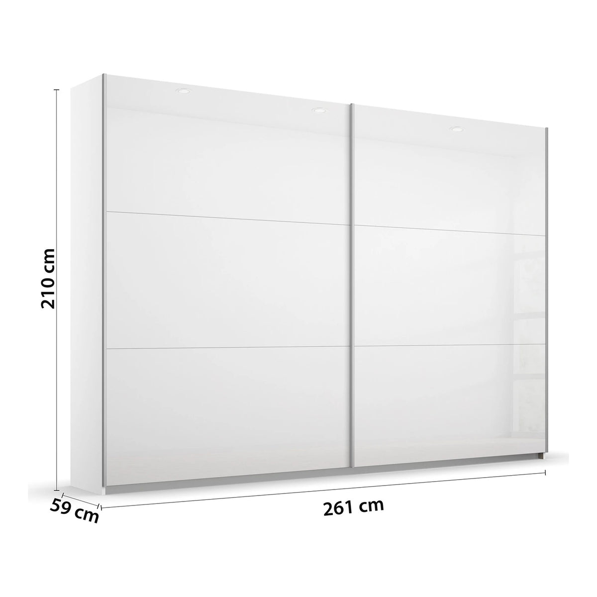Rauch Aurelia White High Gloss sliding wardrobe or closet doors with dimension annotations showing 210 cm height, 261 cm width, and 59 cm depth on a light gray background.