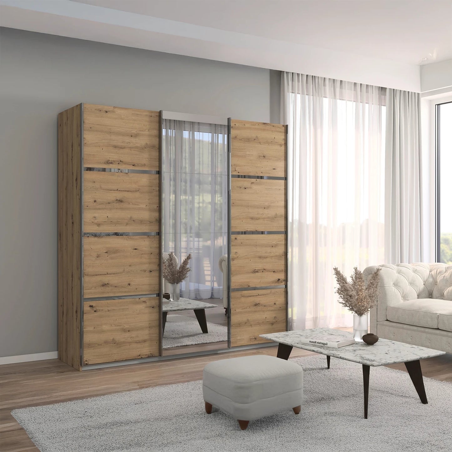 Aurich Artisan Oak Sliding Door Wardrobe with Mirror 203cm