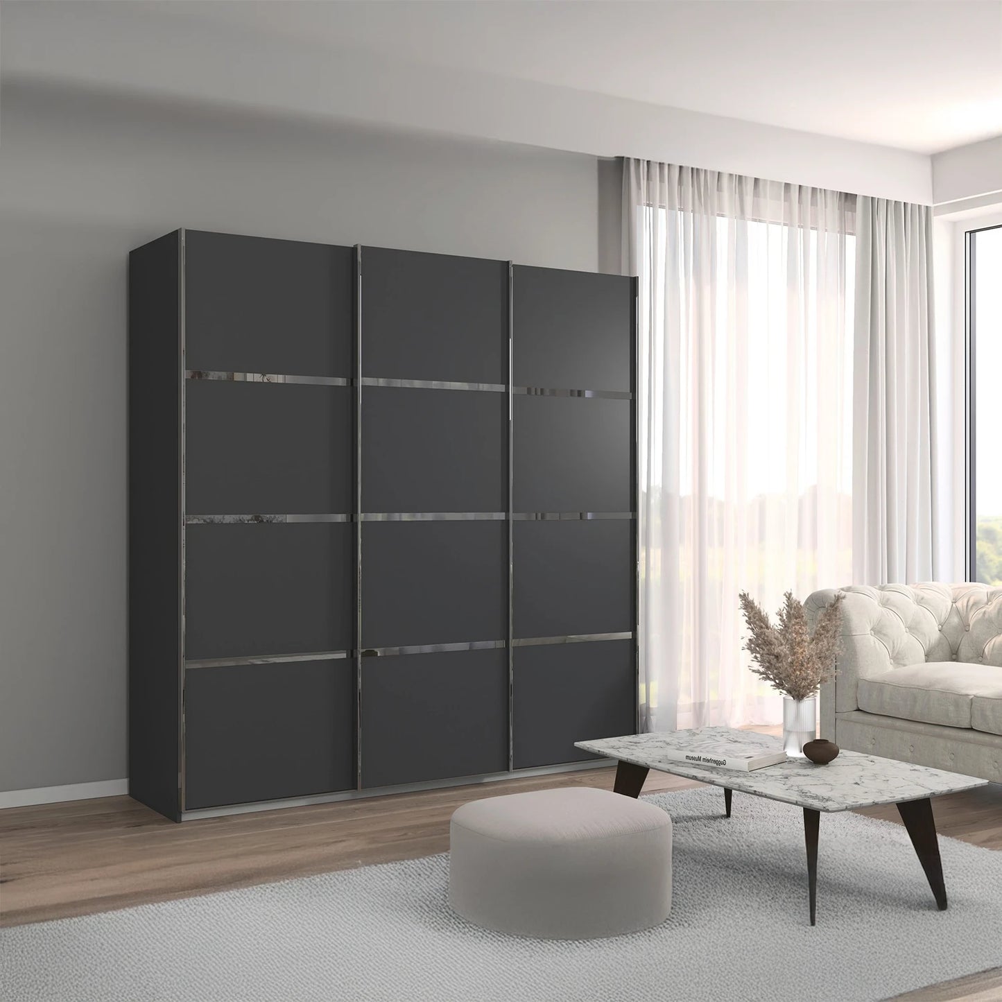 Rauch Aurich Metallic Grey Decor Sliding Door Wardrobe 203cm