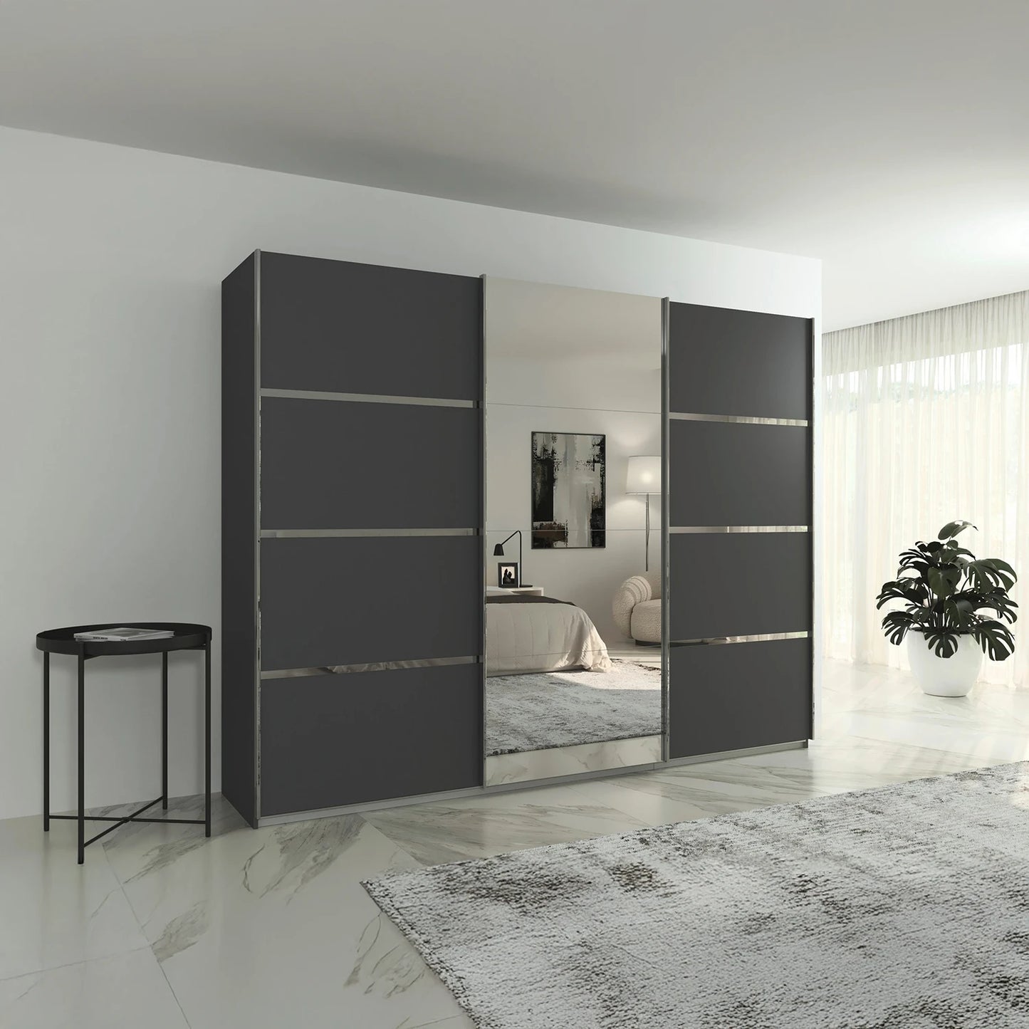 Rauch Aurich Metallic Grey Decor Sliding Door Wardrobe with Mirror 271cm