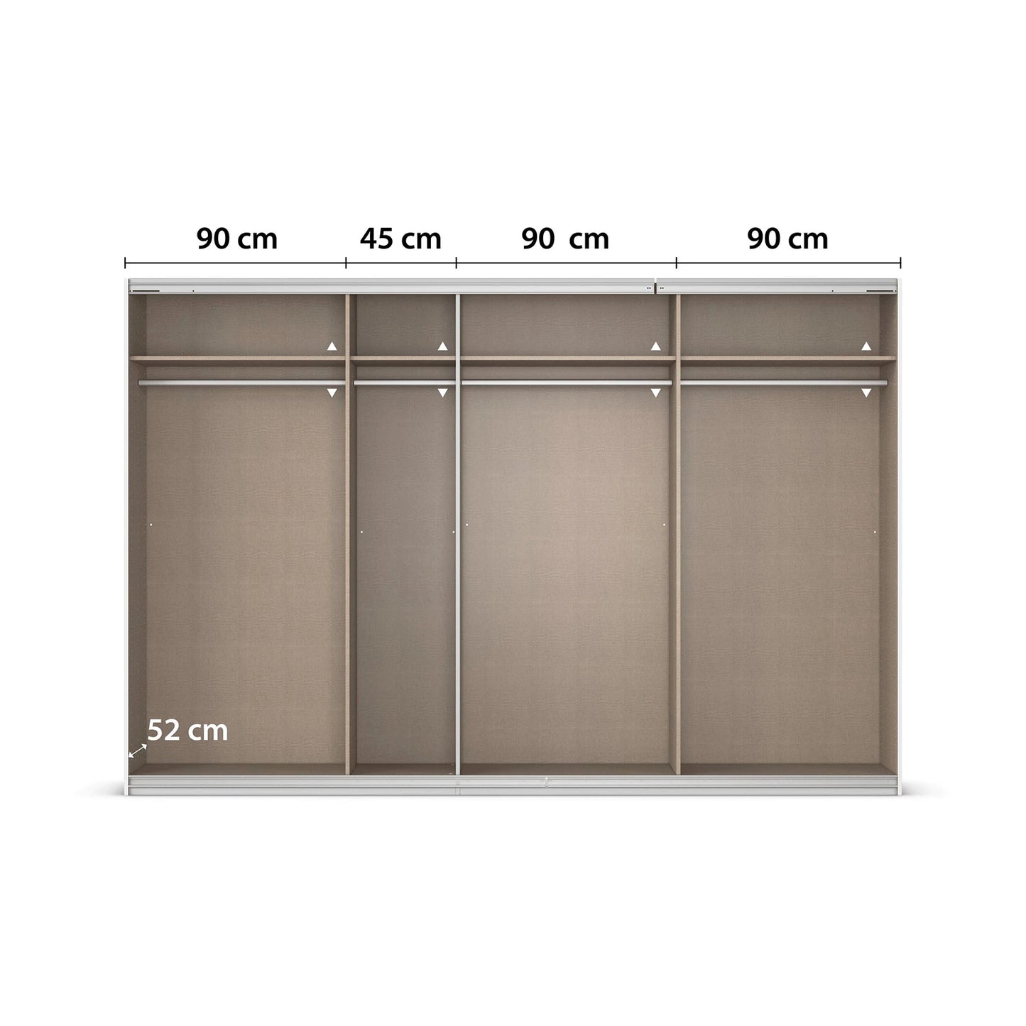 Measurement chart of a wardrobe with dimensions labeled on a white background