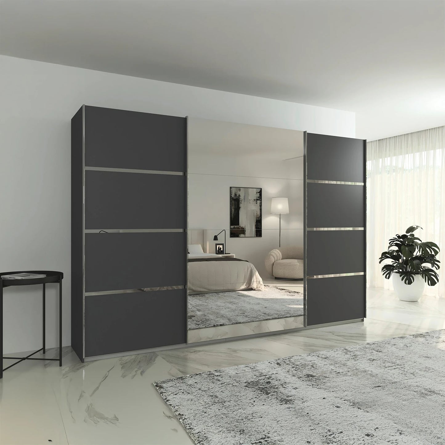 Rauch Aurich Metallic Grey Decor Sliding Door Wardrobe with Mirror 315cm