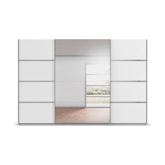 Modern and Glamorous Rauch Aurich Avolara White Door sliding wardrobe with Mirror on the Middle Door
