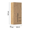 Rauch Avola 2 Door, 2 Drawers Combi Wardrobe 91cm in Oak Dimensions
