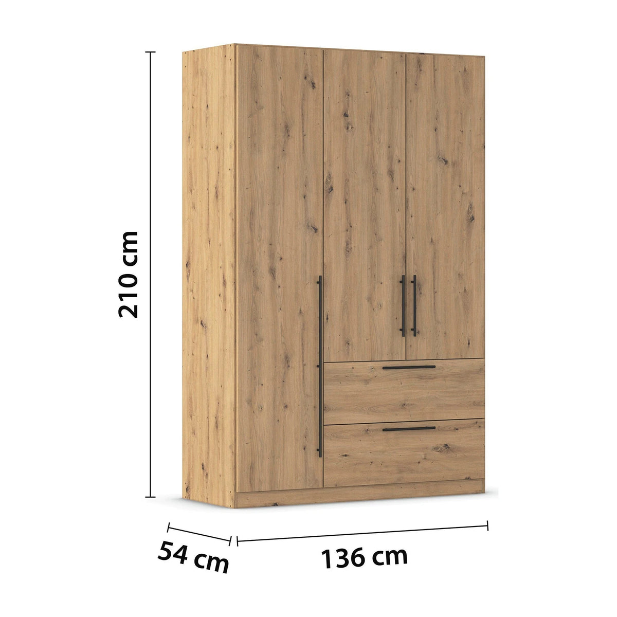 Rauch Avola 3 Door, 2 Drawers Combi Wardrobe 136cm in Oak Dimensions