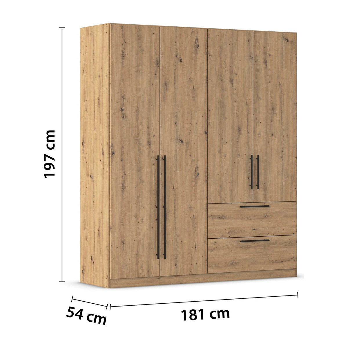 Rauch Avola 4 Door, 2 Drawers Combi Wardrobe 181cm in Oak Dimensions