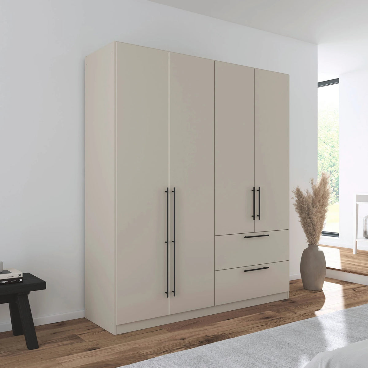 Rauch Avola 4 Door, 2 Drawers Combi Wardrobe 181cm in Champagne styled in a modern bedroom