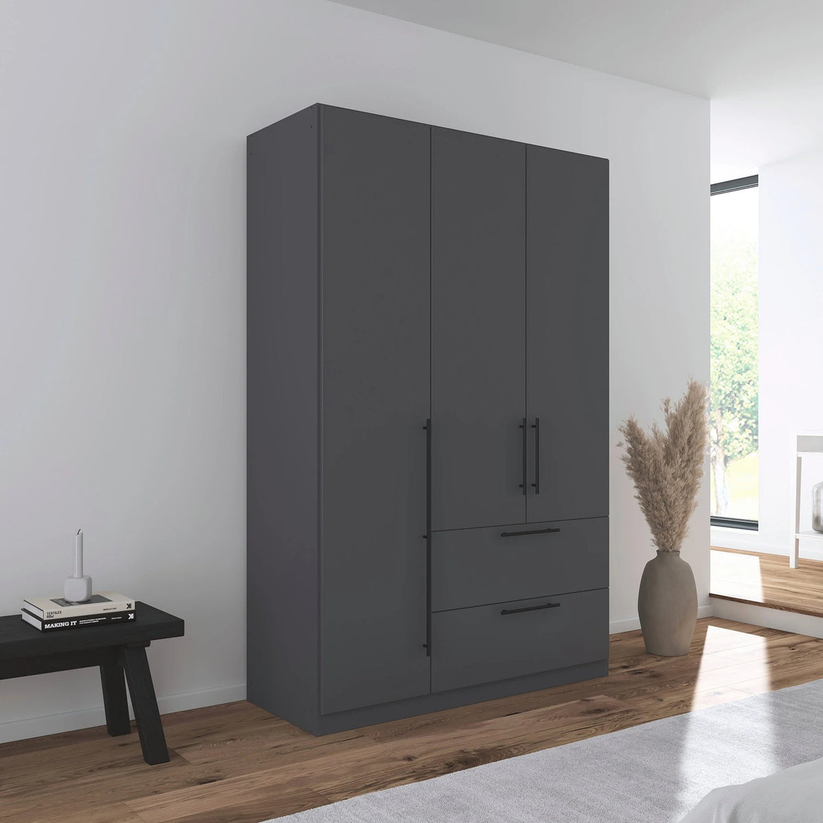 Rauch Avola 3 Door, 2 Drawers Combi Wardrobe 136cm in Metallic Grey styled in a modern bedroom