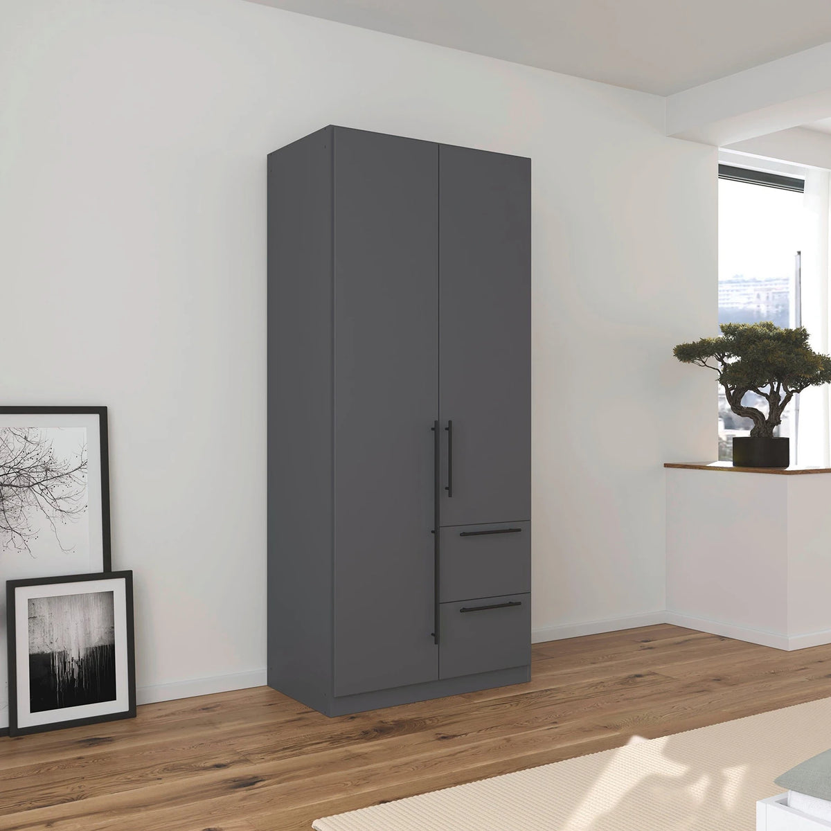 Rauch Avola 2 Door, 2 Drawers Combi Wardrobe 91cm in Metallic Grey styled in a bedroom