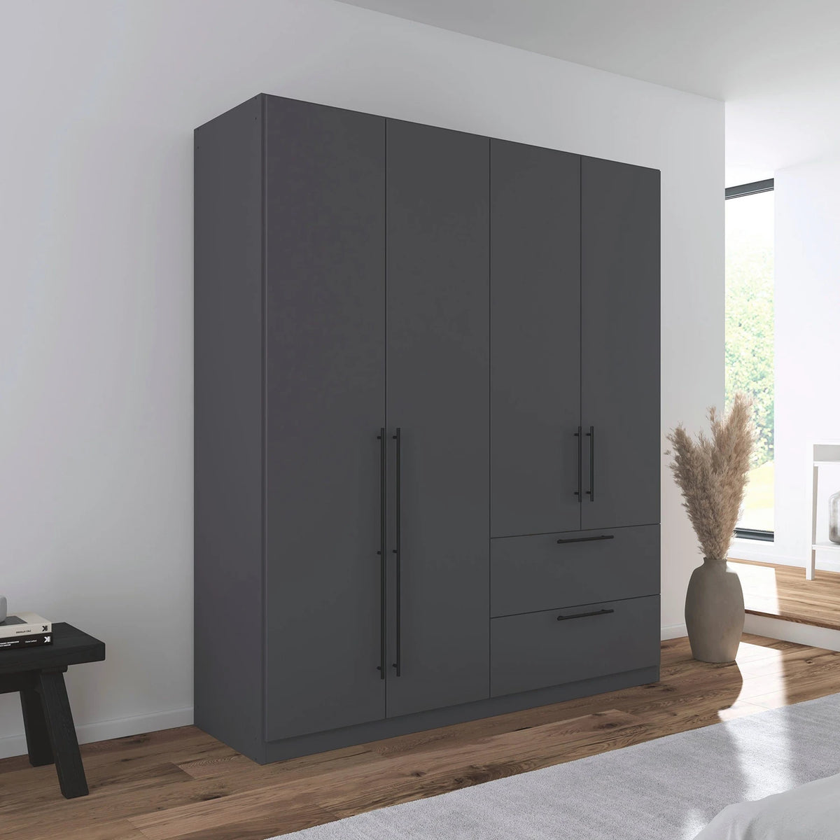 Rauch Avola 4 Door, 2 Drawers Combi Wardrobe 181cm in Metallic Grey styled in a modern bedroom