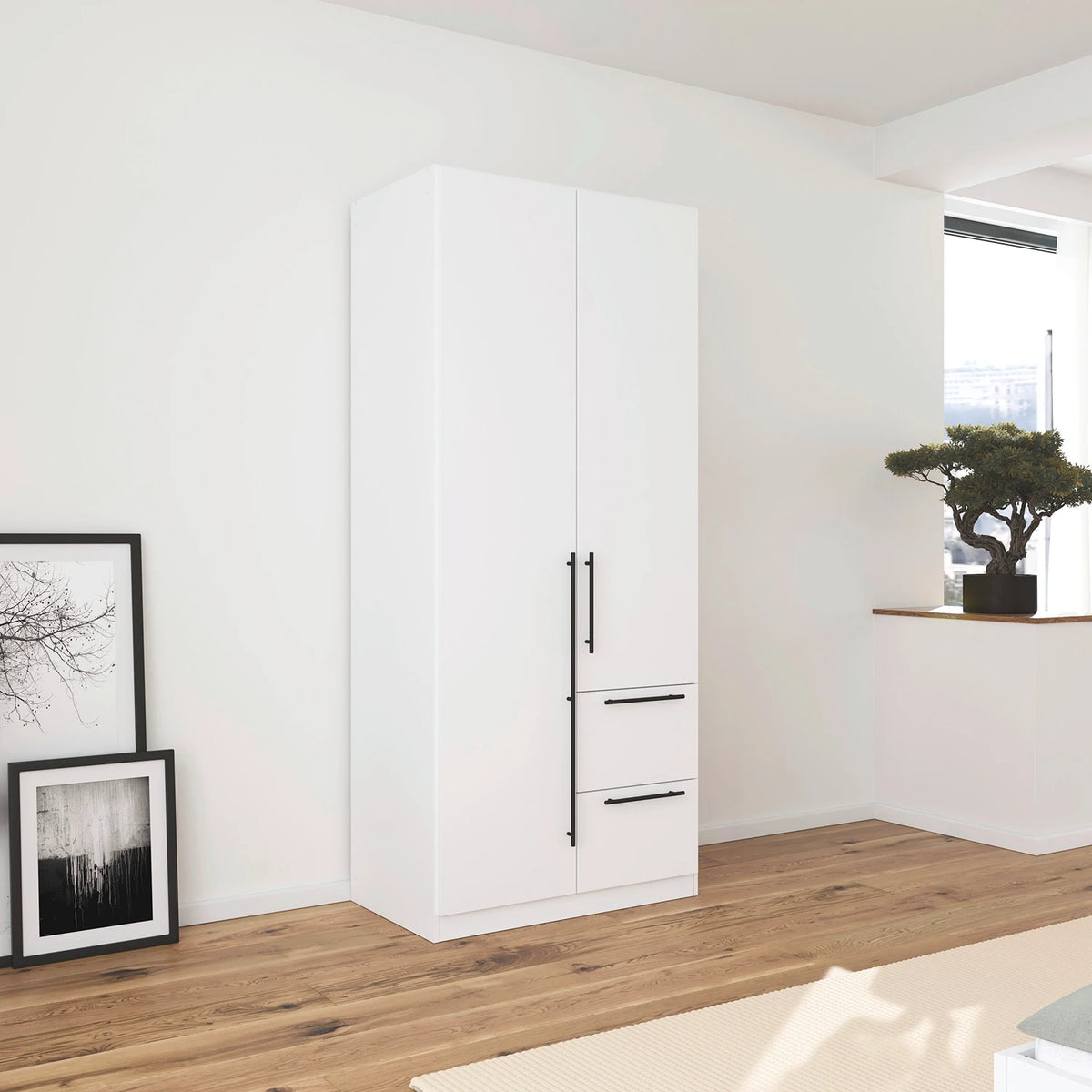 Rauch Avola 2 Door, 2 Drawers Combi Wardrobe 91cm in Alpine White styled in a bedroom
