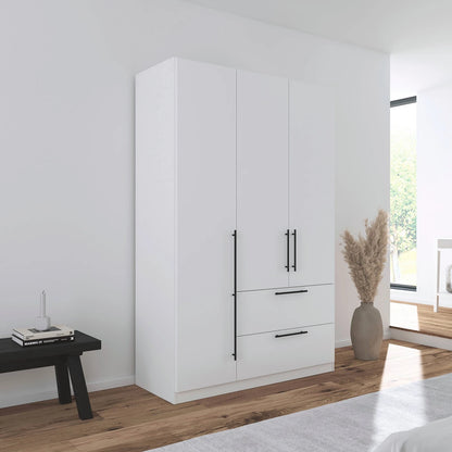 Rauch Avola 3 Door, 2 Drawers Combi Wardrobe 136cm in Alpine White styled in a modern bedroom