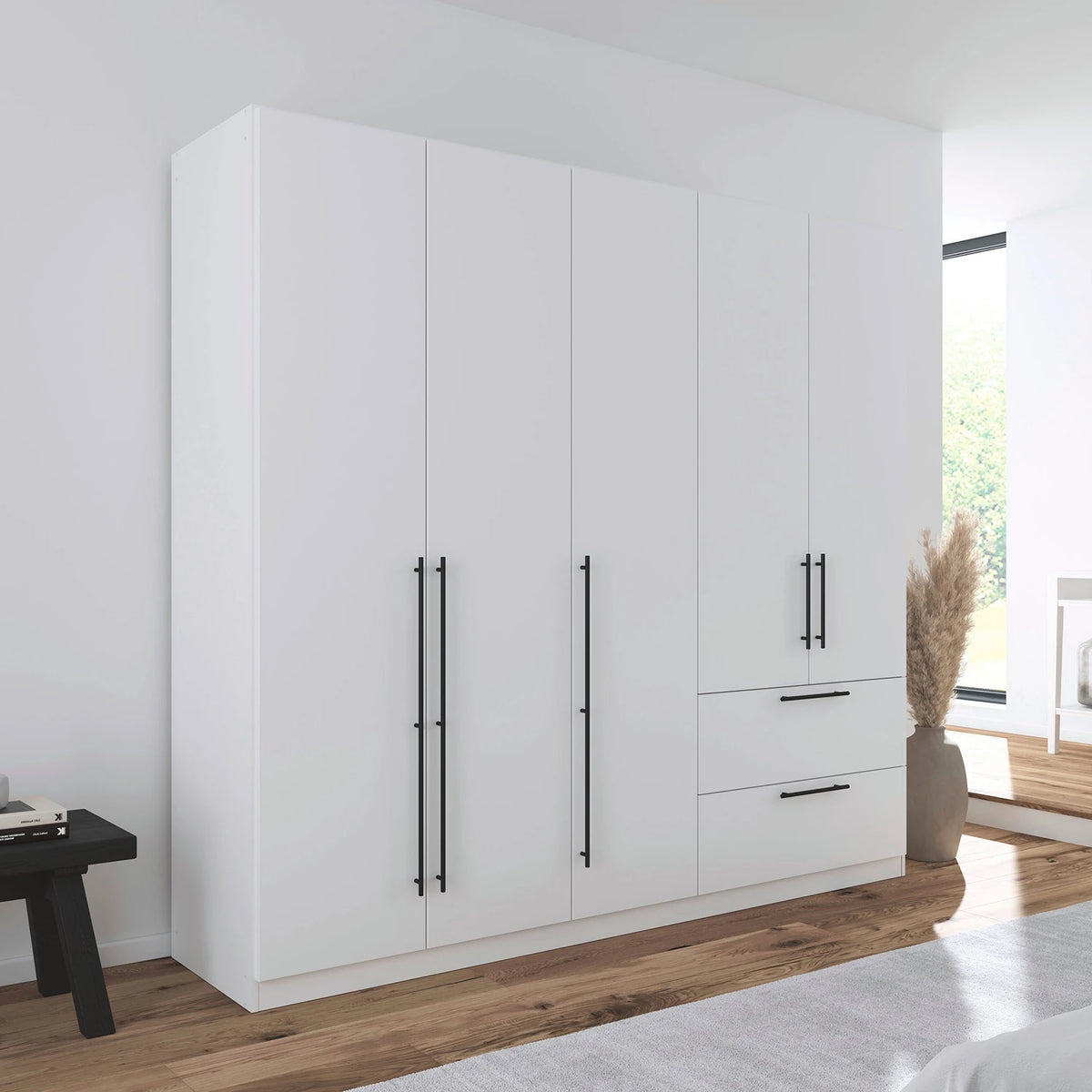Rauch Avola 5 Door, 2 Drawers Combi Wardrobe 226cm in Alpine White styled in a modern bedroom