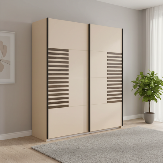 A modern two-door wardrobe or cabinet in a warm cream/beige finish with dark brown horizontal slat panels and slim black side rails, shown in a styled room with a rug, plant, and light gray walls.