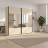 German-made Rauch Barea mirrored sliding wardrobe in champagne with a Dark Atlantic Oak slatted panel. Choose 226cm or 271cm. Free delivery.