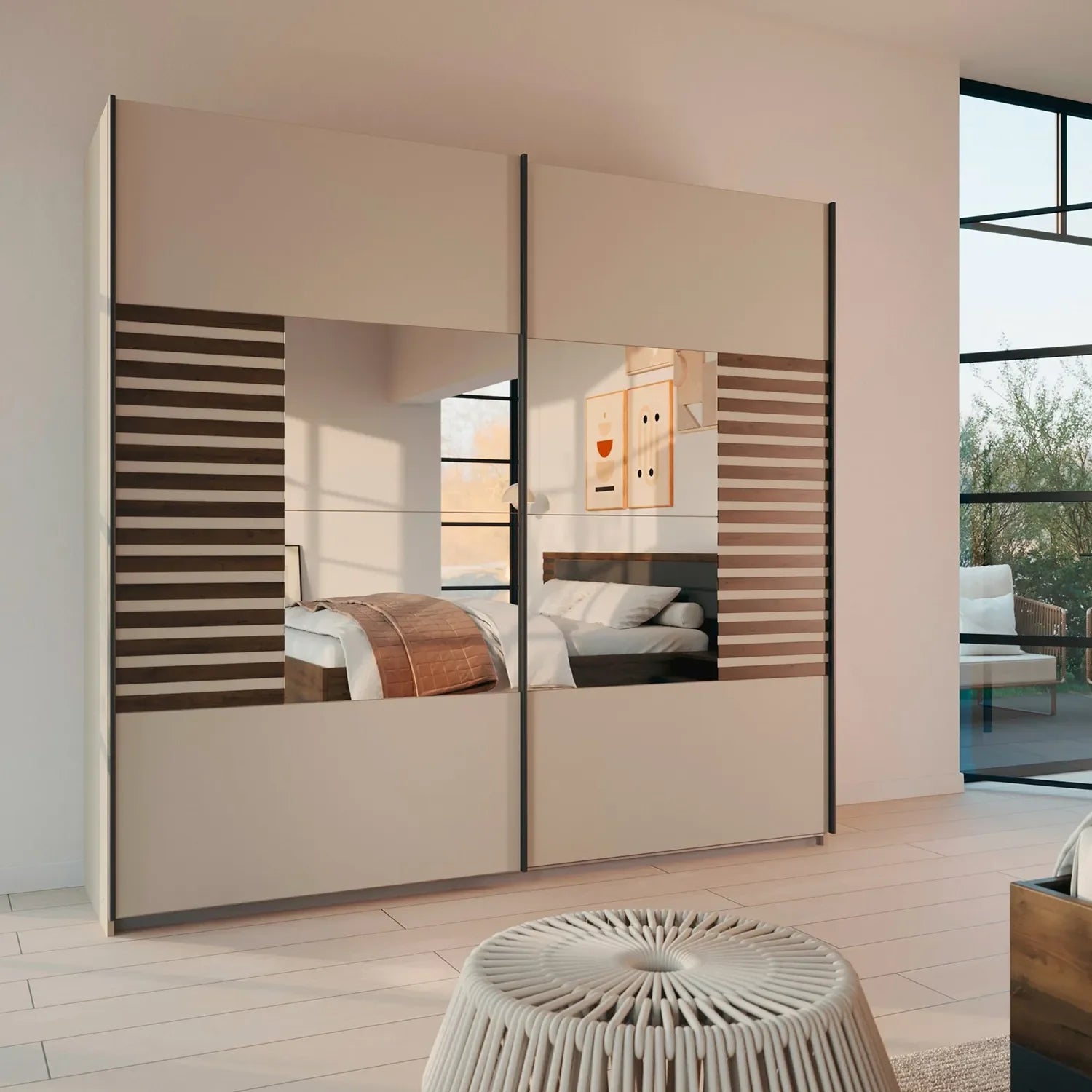 Rauch Barea two door mirrored sliding wardrobe in champagne with Dark Atlantic Oak slat panels Width 226cm