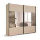 Rauch Barea two door mirrored sliding wardrobe in champagne with Dark Atlantic Oak slat panels and Mirror 
