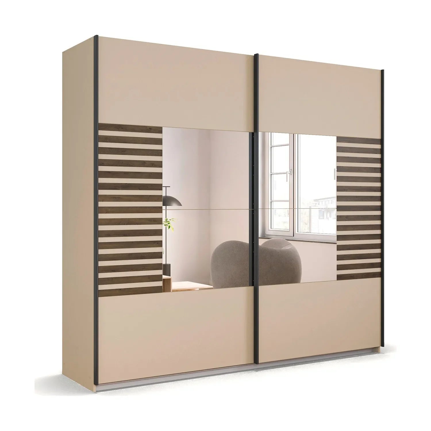 Rauch Barea two door mirrored sliding wardrobe in champagne with Dark Atlantic Oak slat panels and Mirror 