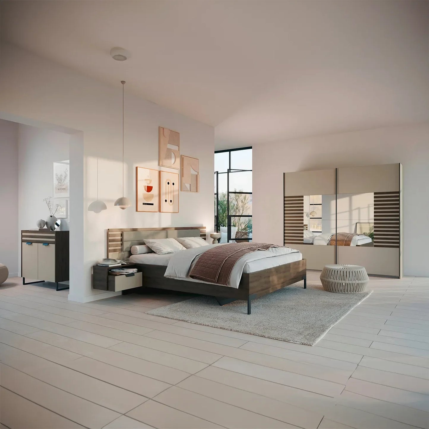 Rauch Barea two door mirrored sliding wardrobe in champagne with Dark Atlantic Oak slat panels and bedroom Furniture