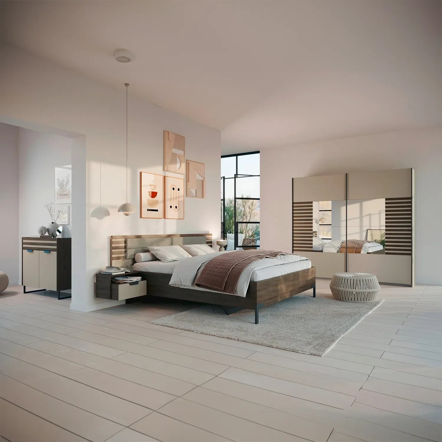 Rauch Barea two door mirrored sliding wardrobe in champagne with Dark Atlantic Oak slat panels and bedroom Furniture