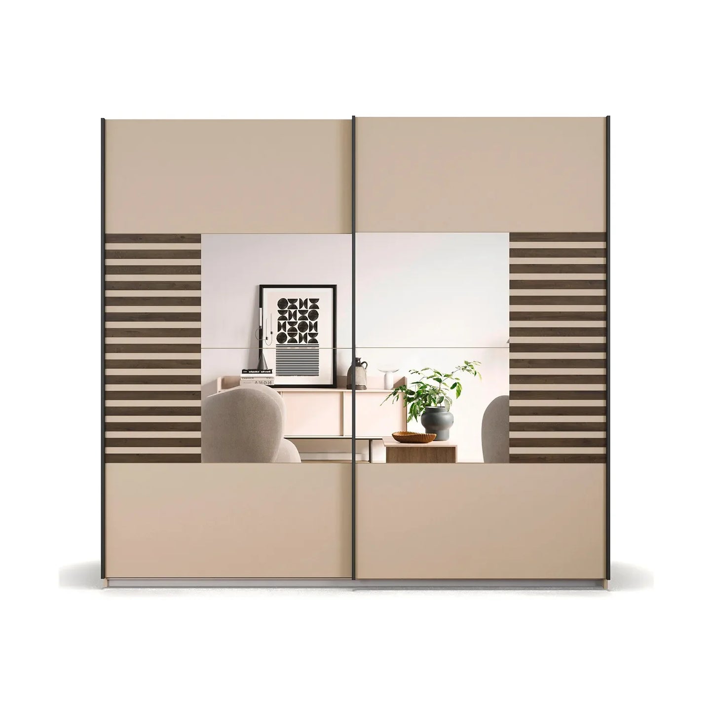Rauch Barea two door mirrored sliding wardrobe in champagne with Dark Atlantic Oak slat panels with Mirror Width 226cm