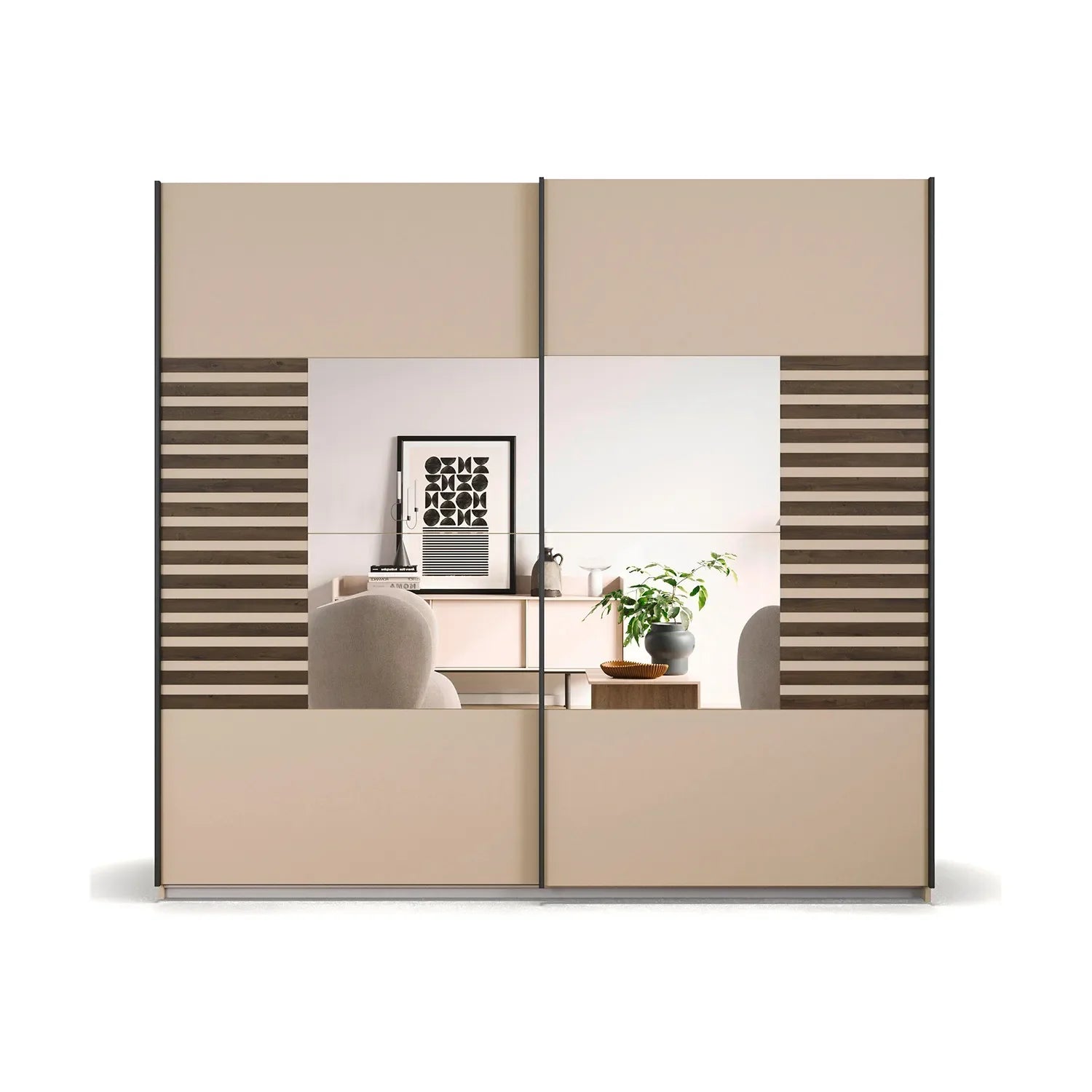 Rauch Barea two door mirrored sliding wardrobe in champagne with Dark Atlantic Oak slat panels with Mirror Width 226cm