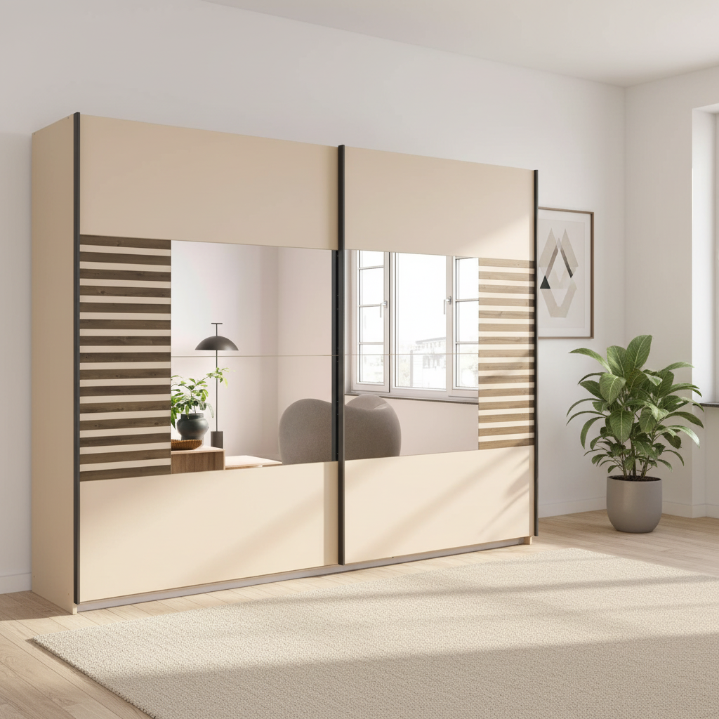 A modern Rauch Barea sliding wardrobe with cream-colored doors and black metal frames, featuring integrated mirrors and decorative slatted side panels, shown in a bright, contemporary room with a potted plant and light-colored rug.