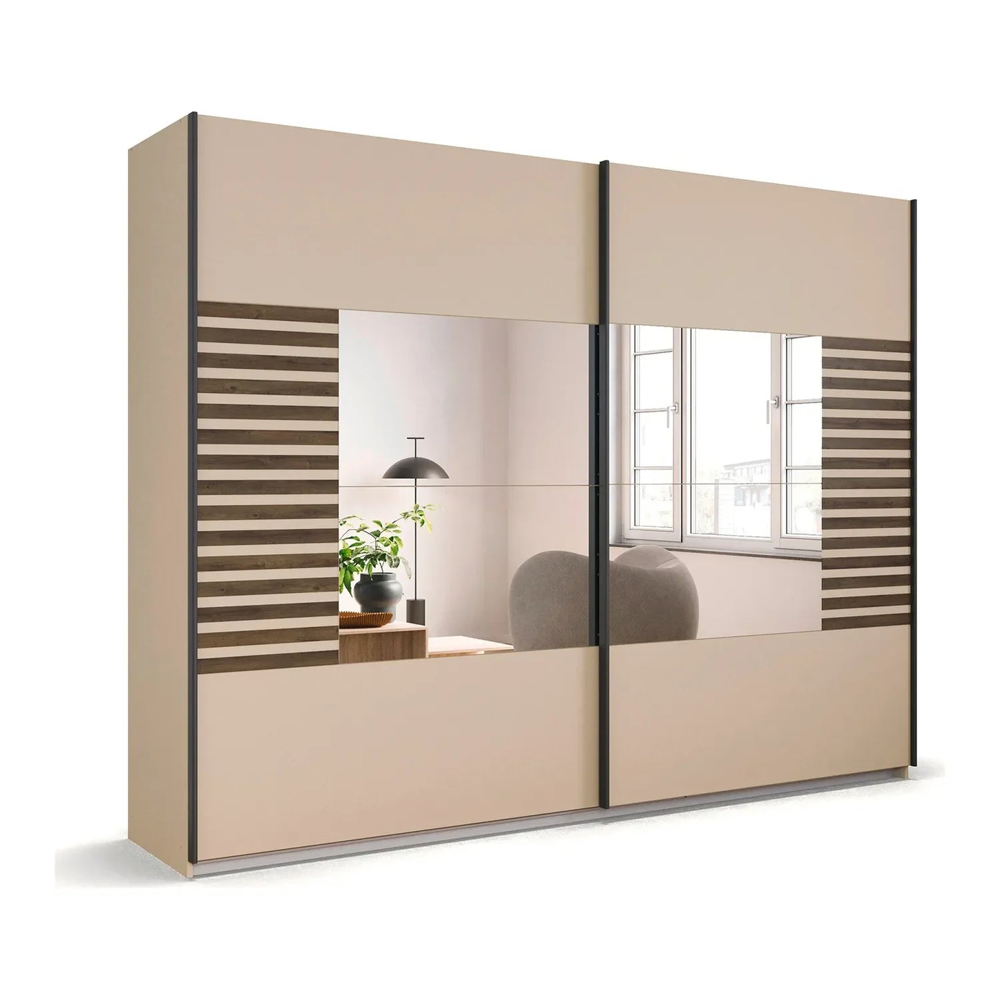 Angled view of Rauch Barea two door mirrored sliding wardrobe in champagne with Dark Atlantic Oak slat panels and Mirror