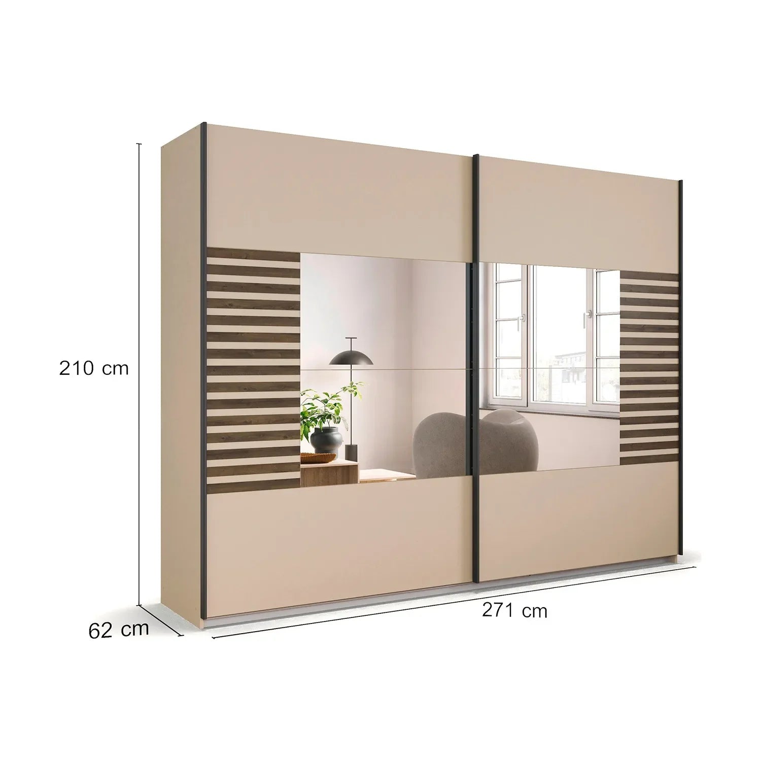 Large 271cm Rauch Barea two door mirrored sliding wardrobe in champagne with Dark Atlantic Oak slat panels
