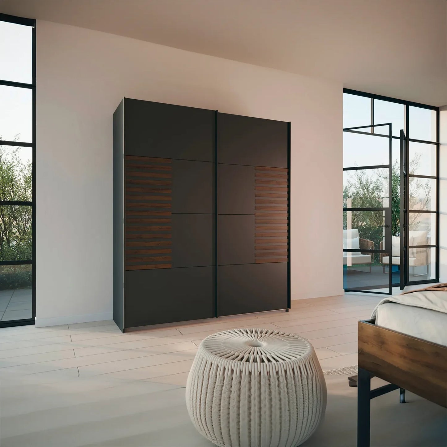 Rauch Barea two door sliding wardrobe in metallic grey with Dark Atlantic Oak slatted panel detail