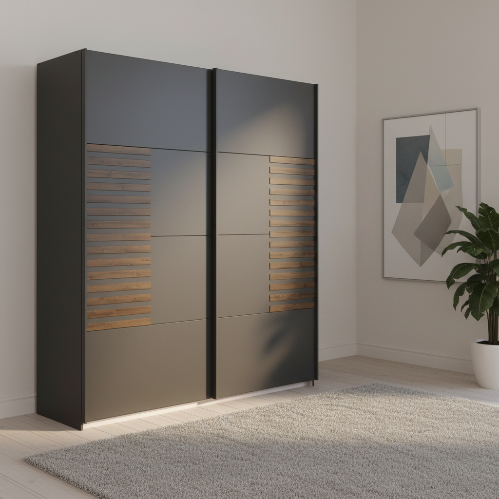 German-made Rauch Barea sliding wardrobe in metallic grey with a Dark Atlantic Oak slatted panel. Choose 181cm, 226cm or 271cm. Free delivery.