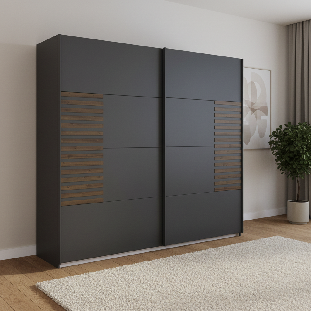 A modern dark gray sliding wardrobe with light brown wood slat accents, shown in a styled room setting with a white rug, wooden floor, and a potted plant.