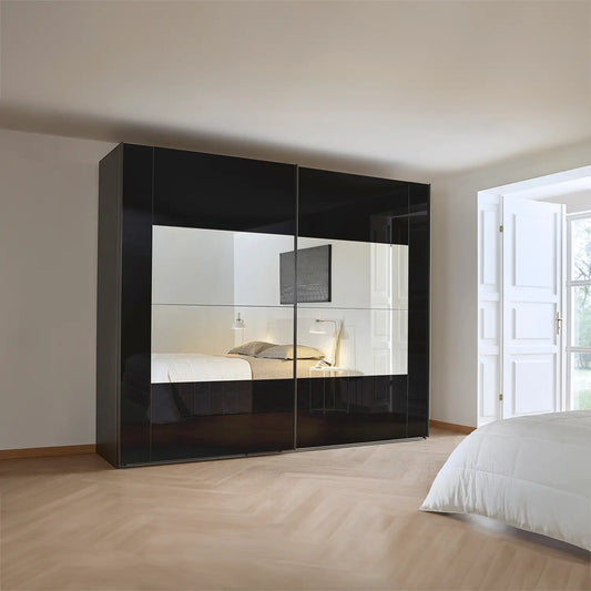 Rauch Basalt Glass Rio 316cm 2 Door Sliding Wardrobe - Styled in a Bedroom