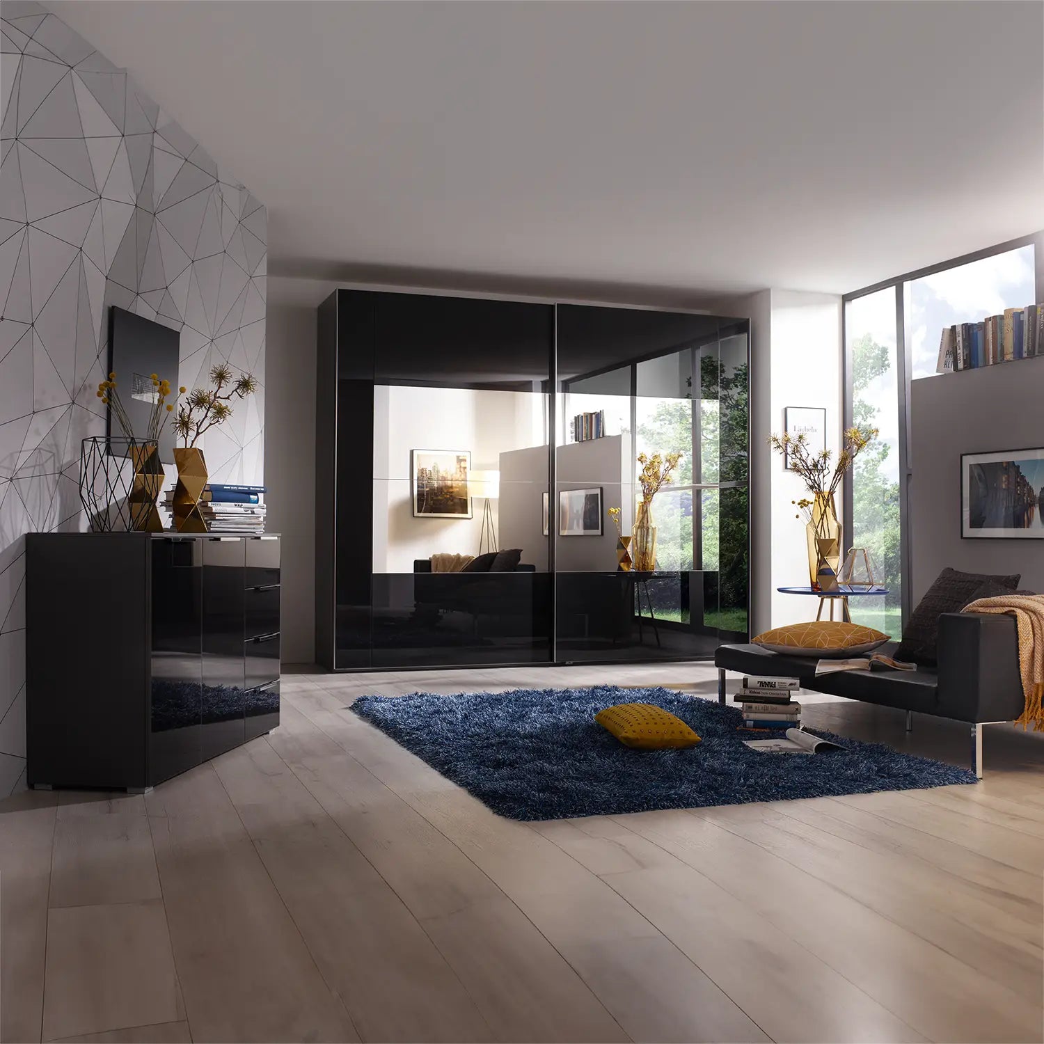 Rauch Basalt Glass Rio 181cm 2 Door Sliding Wardrobe - Styled in a Beautiful Bedroom