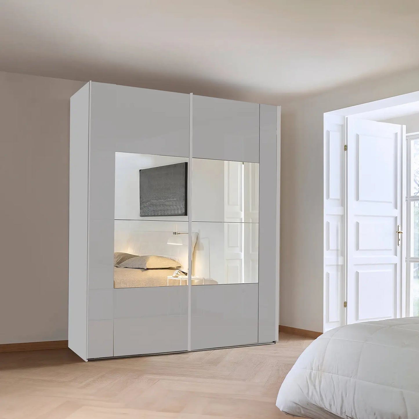 Rauch Silk Grey Glass Rio 226cm 2 Door Sliding Wardrobe - Styled in a Bedroom