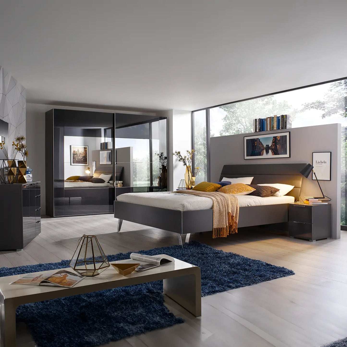 Rauch Basalt Glass Rio 226cm 2 Door Sliding Wardrobe - Styled in a Beautiful Bedroom