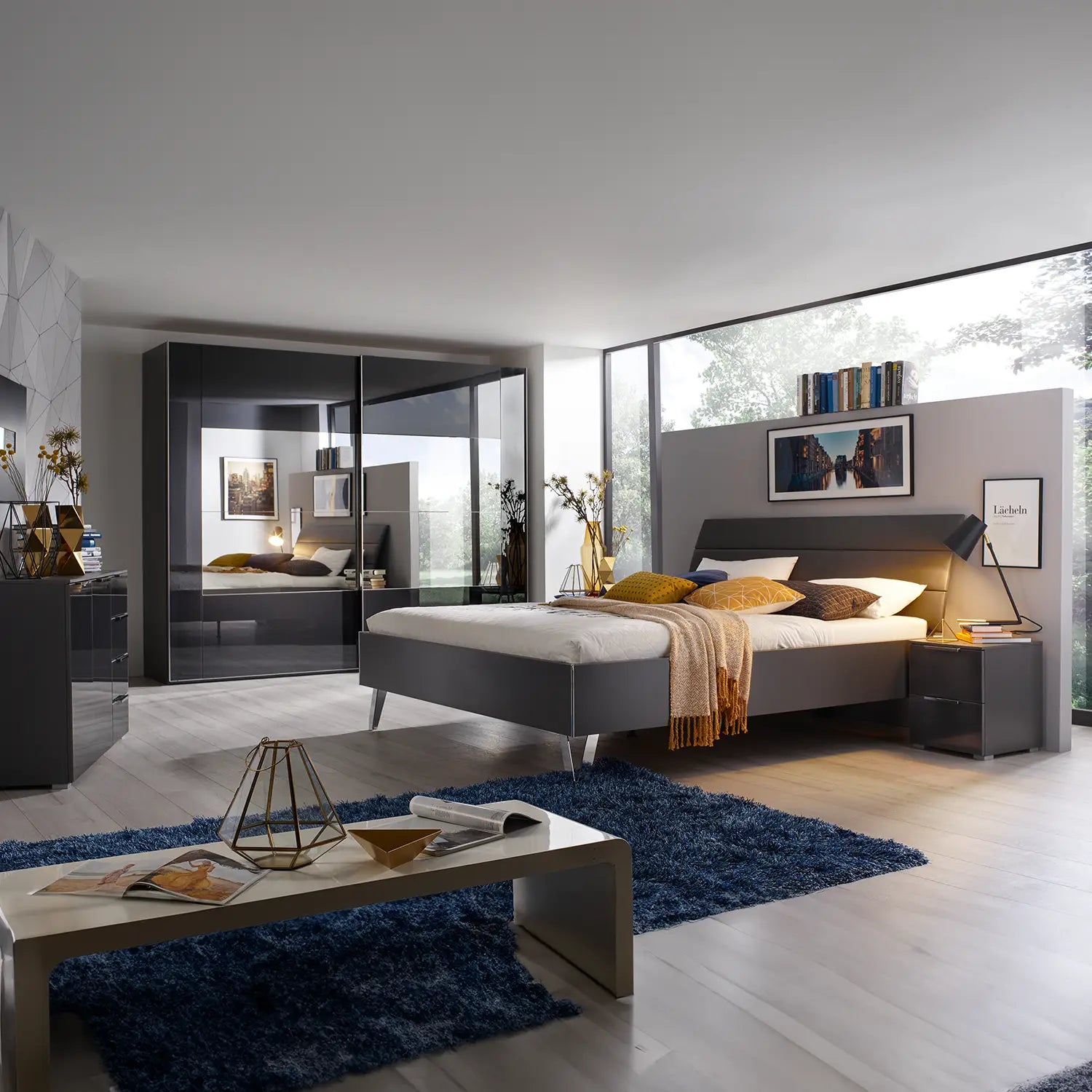 Rauch Basalt Glass Rio 226cm 2 Door Sliding Wardrobe - Styled in a Beautiful Bedroom