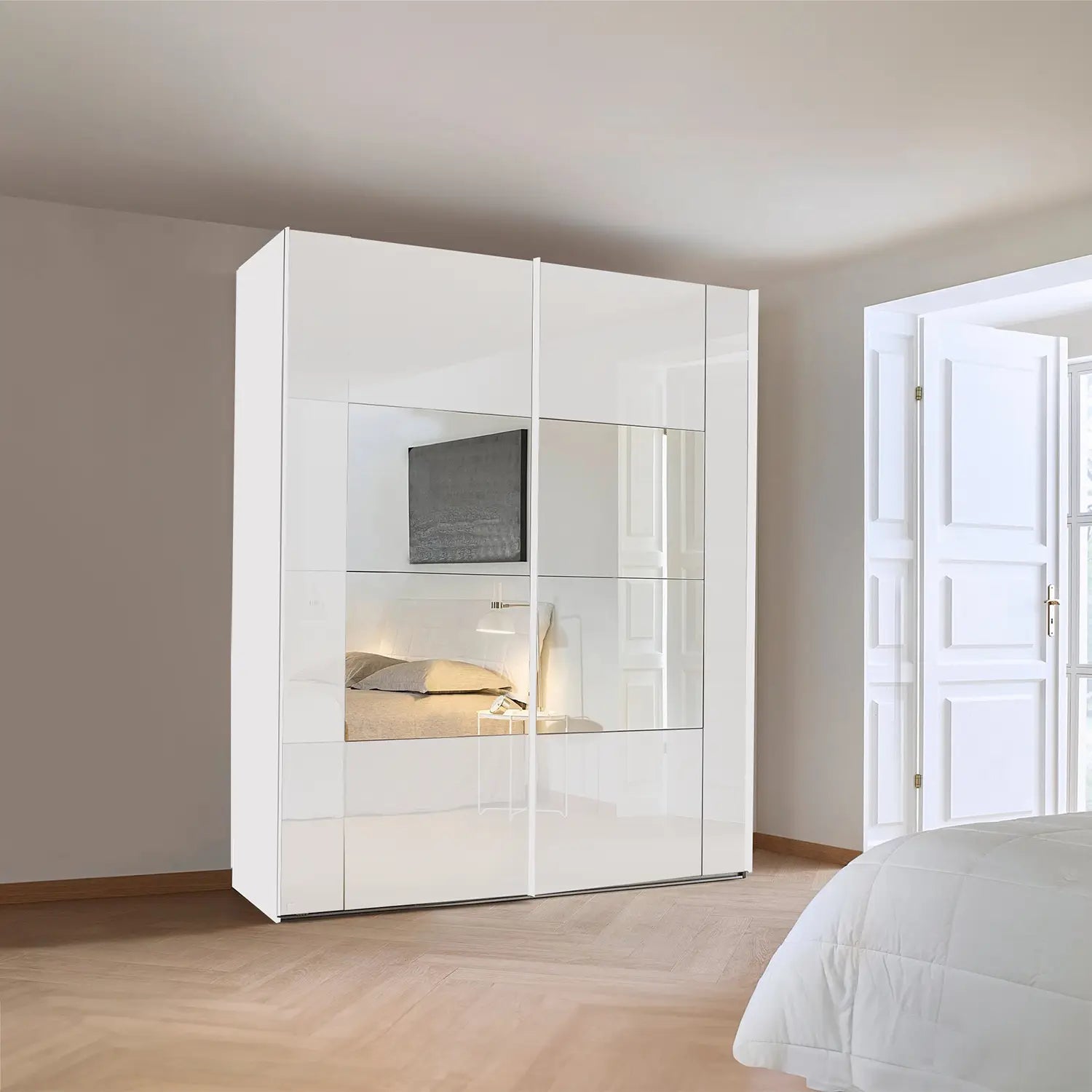 Rauch White Glass Rio 271cm 2 Door Sliding Wardrobe - Styled in a Bedroom