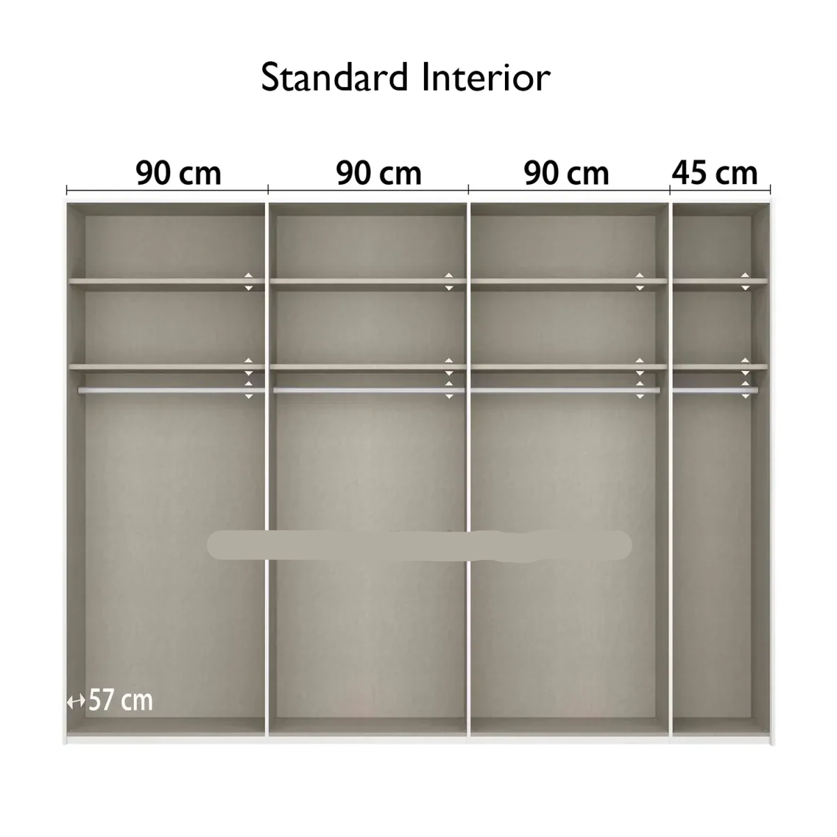 Rauch Basalt Glass Rio 316cm 2 Door Sliding Wardrobe - Standard Interior View with Dimensions