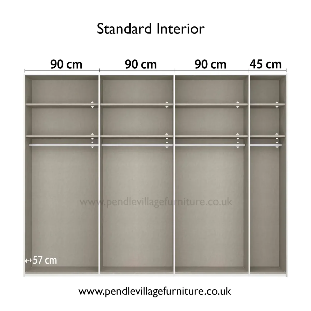 Rauch Frankfurt Two Tone Mirror Front Sliding Door Wardrobe - W316cm - Standard Interior View with Dimensions